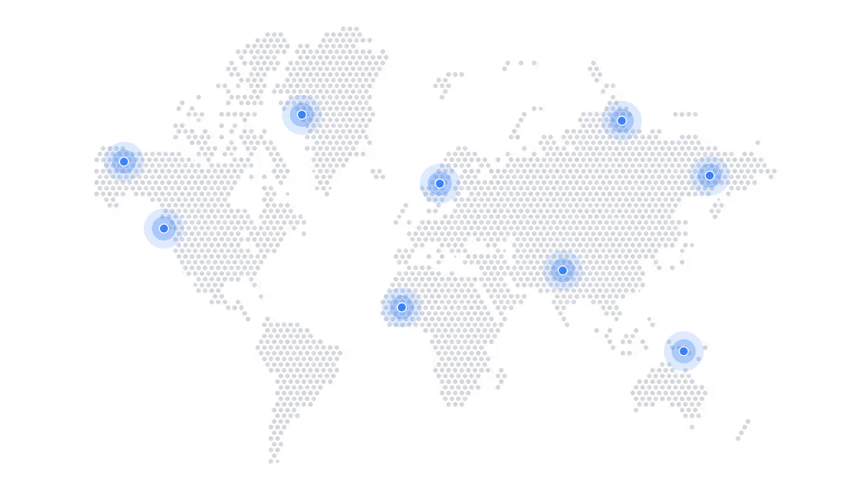 A large world map made up of small grey circles. Nine small, blue circular icons are dotted around the map, representing potential Chamber of Commerce locations